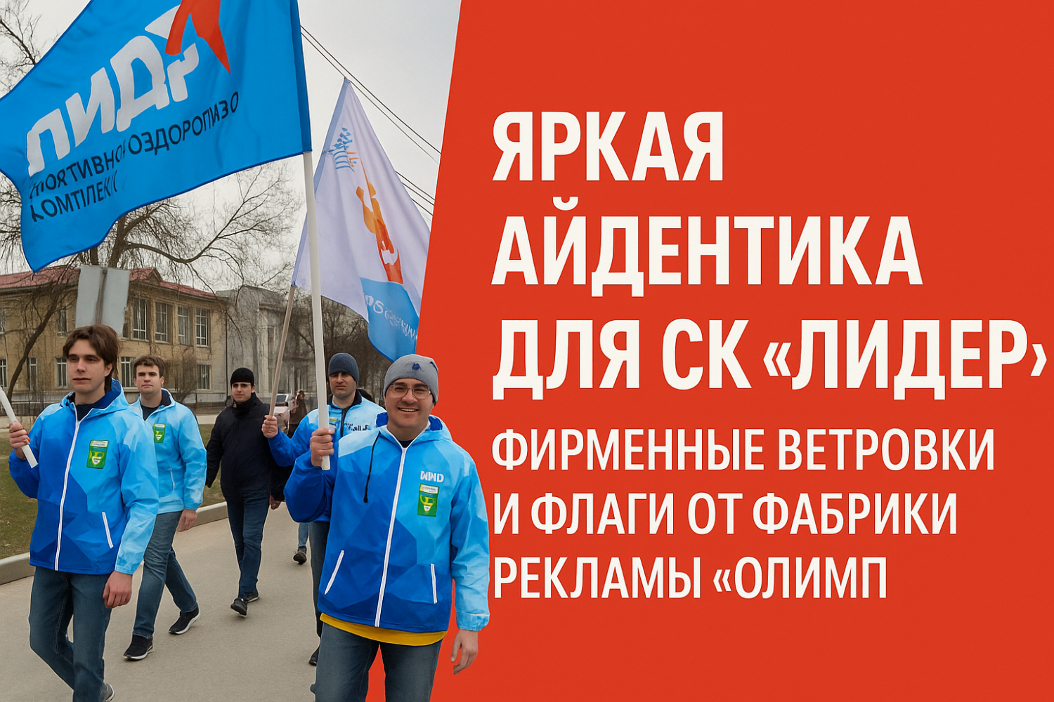 Яркая айдентика для СК «Лидер» (г. Березовский): фирменные ветровки и флаги от фабрики рекламы «ОЛИМП»