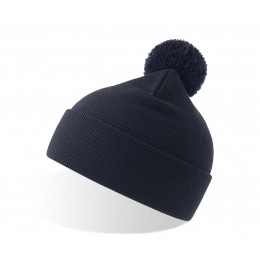 Шапка вязаная  двойная Wind-S, с отворотом и помпоном, тёмно-синий, 100% переработанный полиэстер